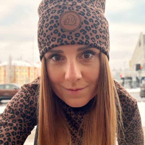 Zimní žebrovaná čepice dvojitý lem HNĚDÝ leopard