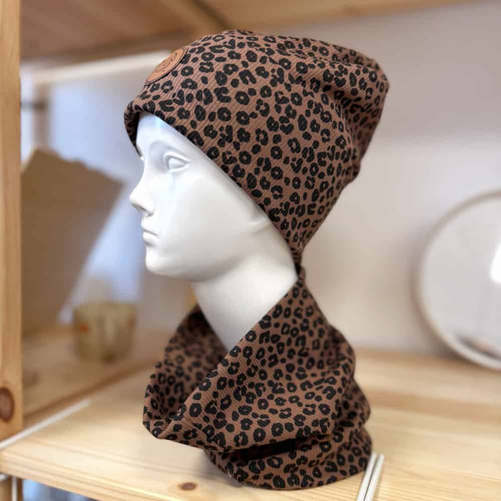 Zimní žebrovaná čepice - Dvojitý lem, Hnědý leopard - Obrázek 6