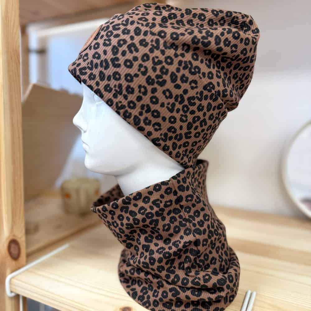 Zimní žebrovaná čepice - Dvojitý lem, Hnědý leopard - Obrázek 5